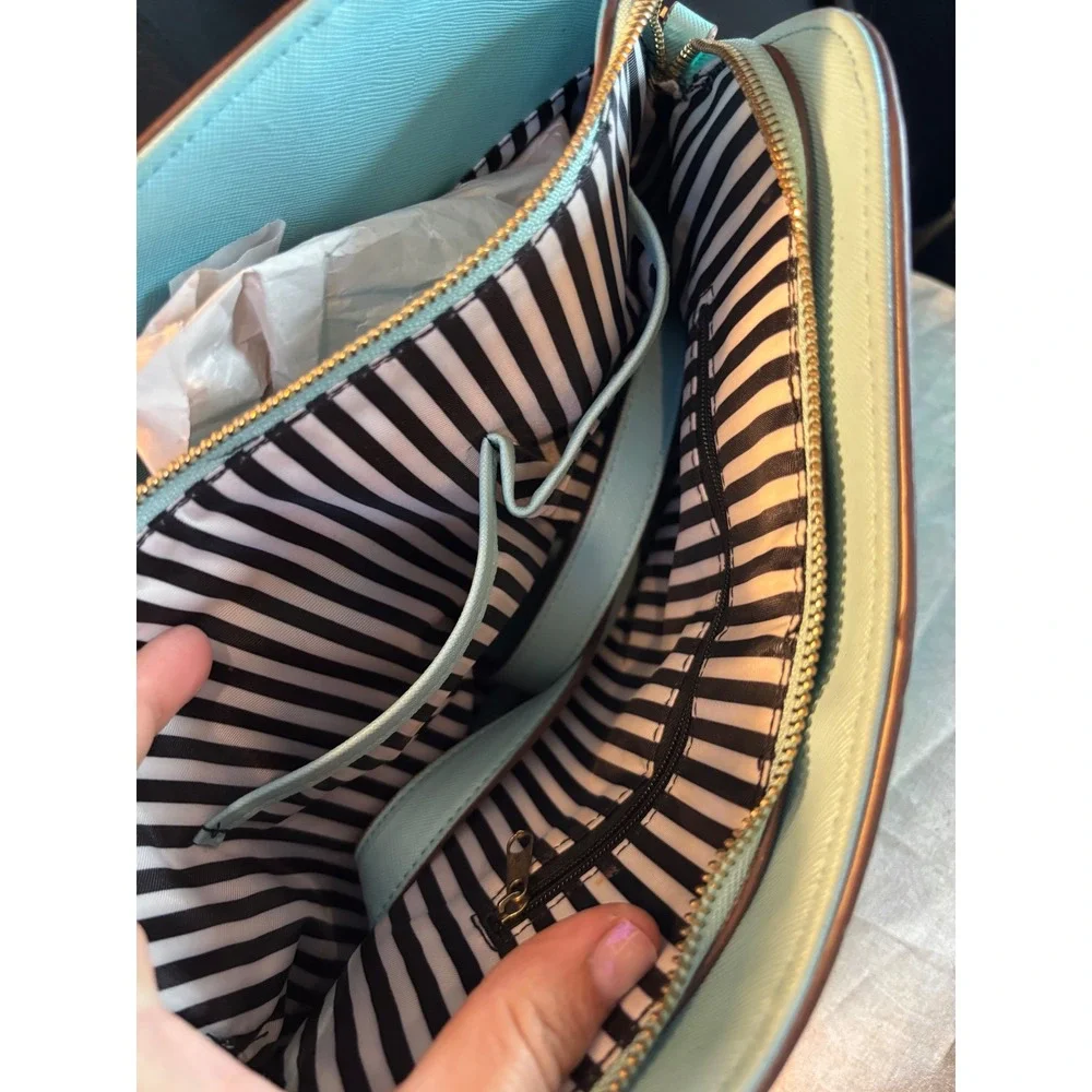 Blue Saffiano Dome Satchel Bag with Gold Heart Detail and Striped Lining